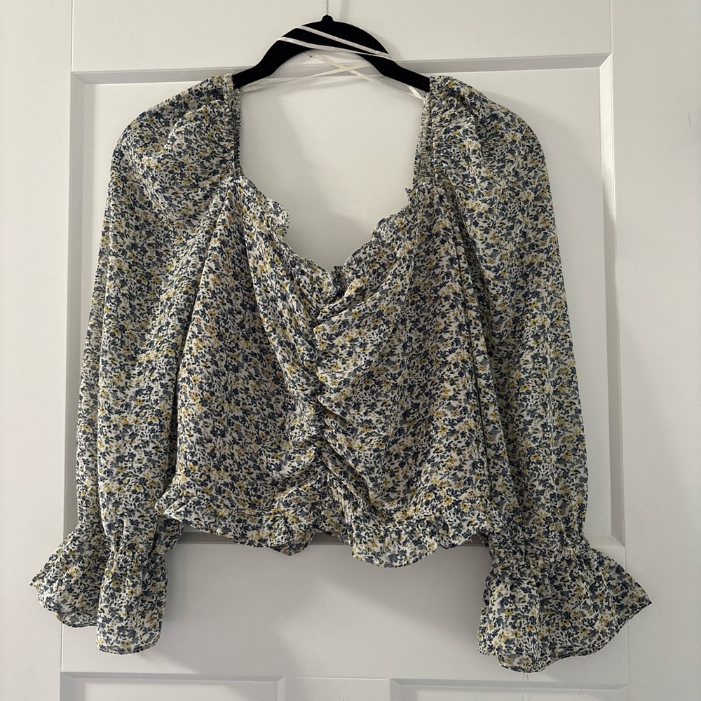 Floral Ruffle Blouse - Blue and White